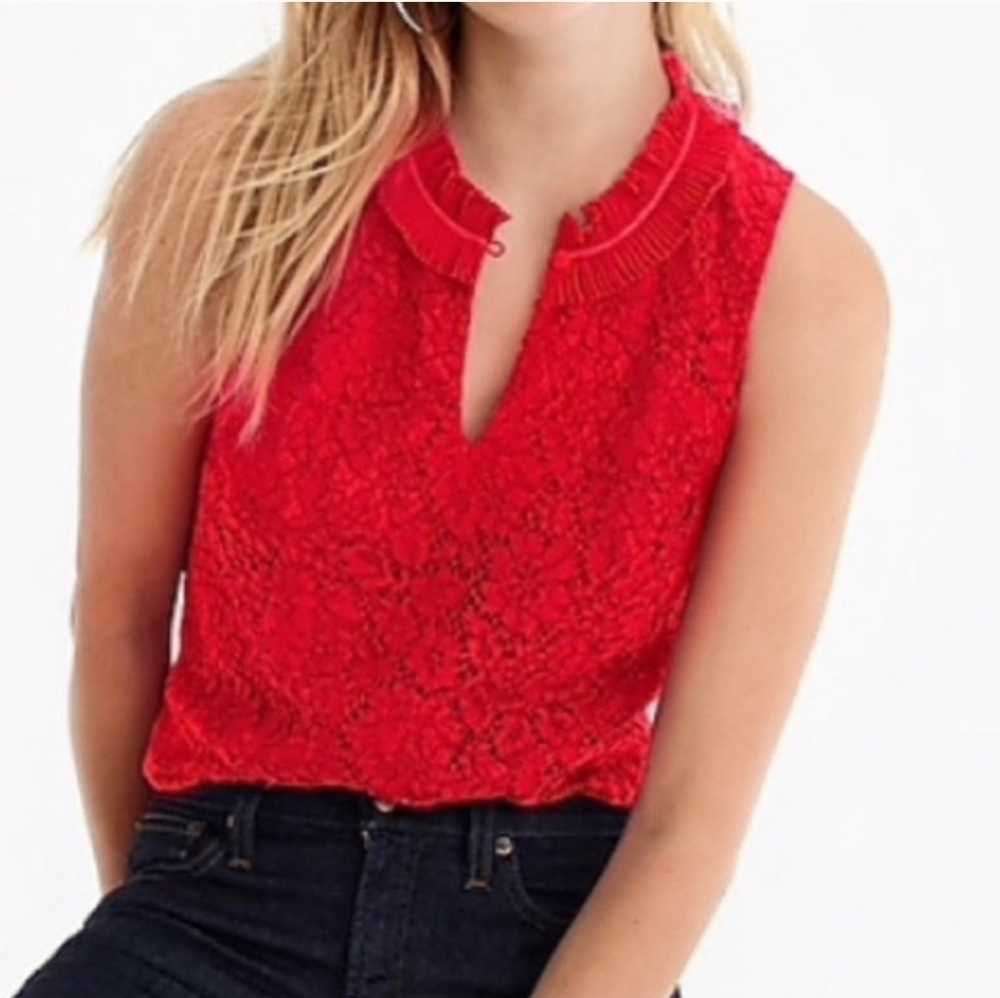 J. Crew Eyelash Lace Ruffle Keyhole Sleeveless Top Blouse Red Size SP